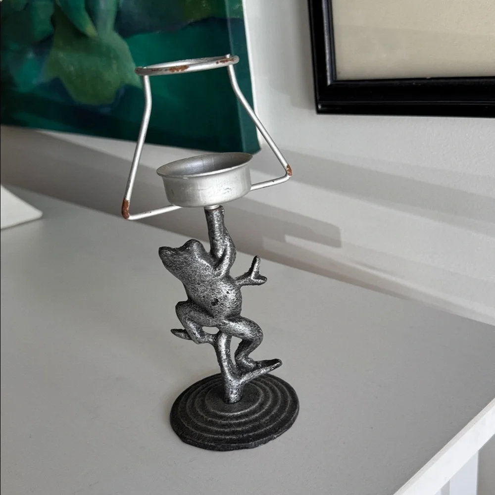 Frog Pewter Metal Candle Tea Light Holder Sculpture